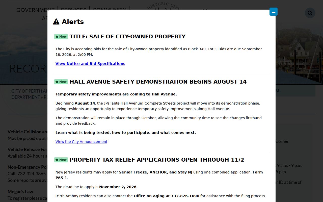 Perth Amboy neighbors reference showing police records and services route