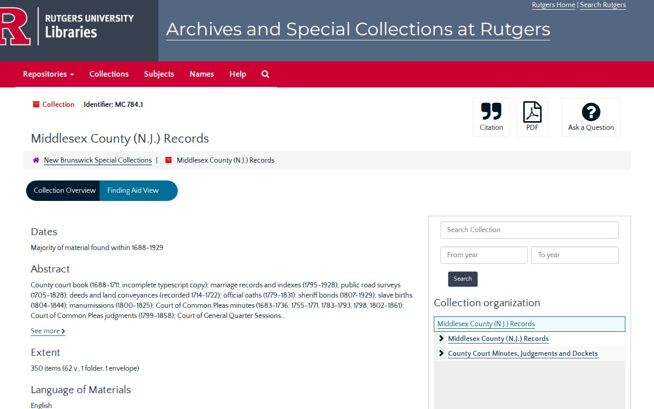 Perth Amboy previous residents Rutgers Middlesex County historical records collection