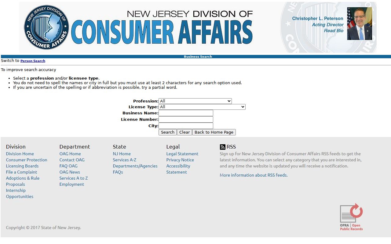 Perth Amboy resident lookup view of New Jersey license verification business fields