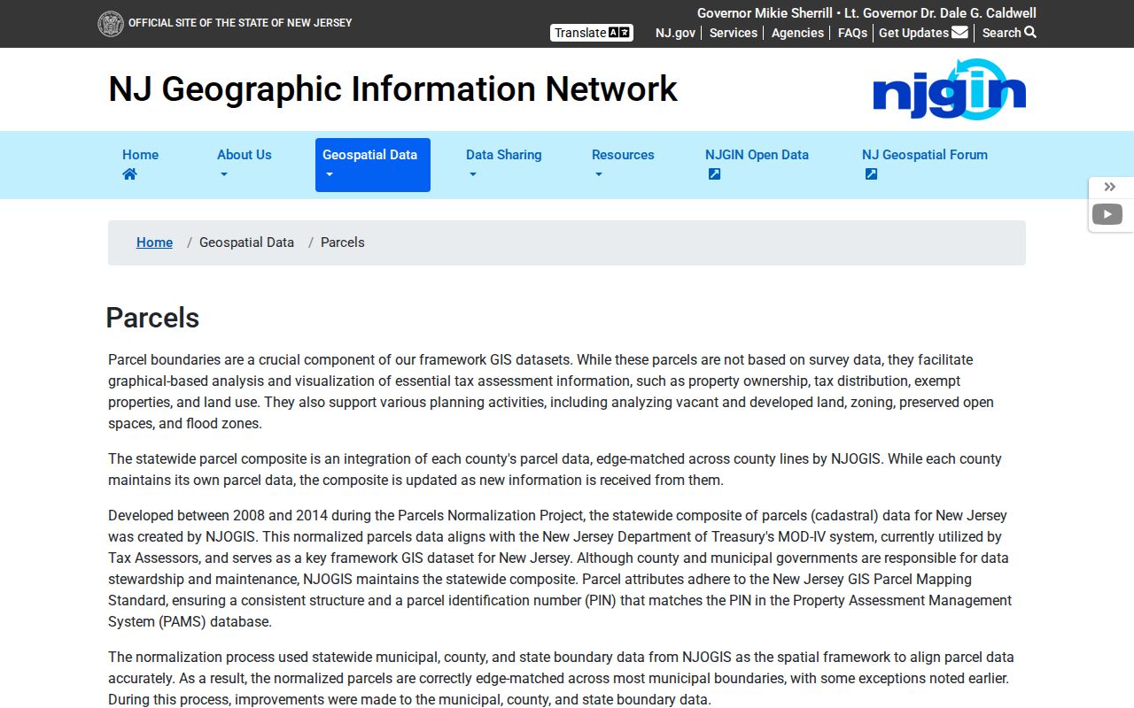 Perth Amboy ZIP code directory reference showing NJGIN parcel search fields